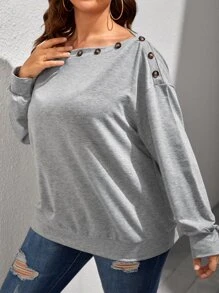 SHEIN LUNE 大碼斜領紐扣細節運動衫 - 淺灰色 - 查看 5