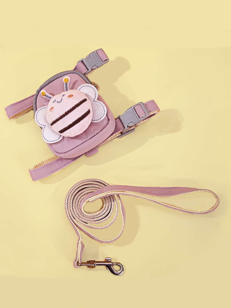 1set Pet Cute Pink Bee Design Collar And Leash Set