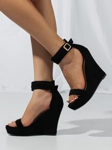 Women Minimalist Ankle Strap Faux Suede Wedge Sandals, Elegant Summer Sandals - Black - View 5