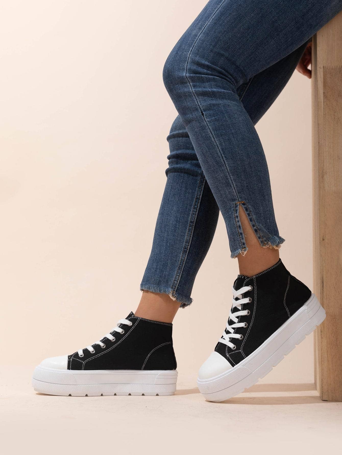 High Top Lace-up Front Canvas Shoes - Black - View 1