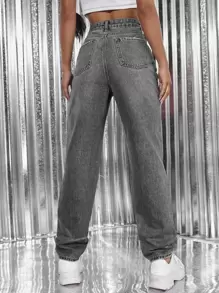 SHEIN ICON Ripped Detail Straight Leg Jeans - Grey - View 2