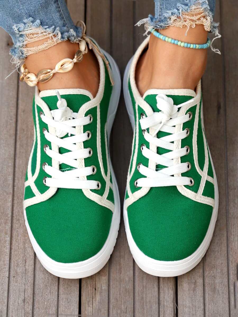 Contrast Binding Lace-up Front Canvas Shoes - Green - View 1