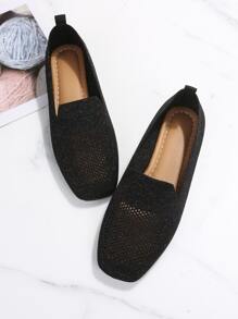 鏤空方頭樂福鞋,全新女款休閒透氣針織網眼黑色平底鞋,舒適時尚。 - 黑色 - 查看 5