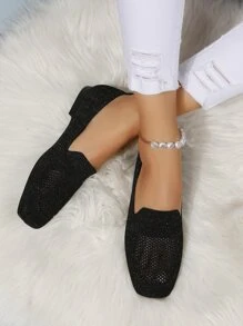鏤空方頭樂福鞋,全新女款休閒透氣針織網眼黑色平底鞋,舒適時尚。 - 黑色 - 查看 7
