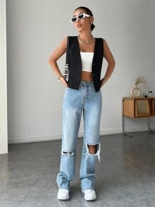 SHEIN Essnce Áo vest cài nút phía trước trơn cho mùa thu/đông - màu đen - Xem 4