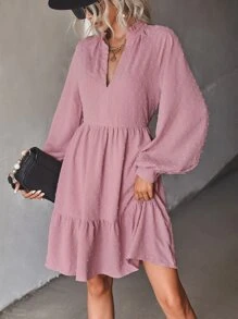 SHEIN Unity 圓點燈籠袖荷葉邊娃娃裙 - 藕粉色 - 查看 1