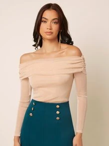 SHEIN Privé Off Shoulder Ruched Top - Apricot - View 2