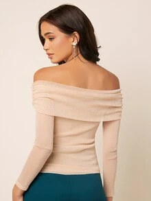 SHEIN Privé Off Shoulder Ruched Top - Apricot - View 3