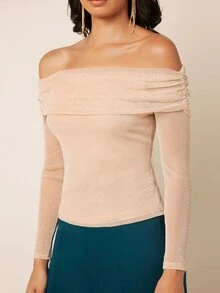 SHEIN Privé Off Shoulder Ruched Top - Apricot - View 4