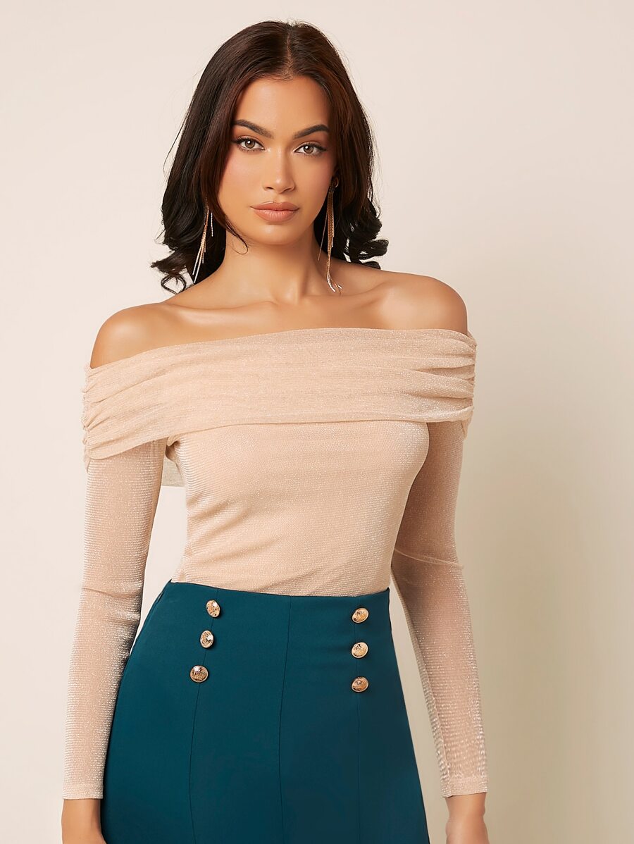 SHEIN Privé Off Shoulder Ruched Top - Apricot - View 1