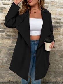 SHEIN LUNE Plus Waterfall Collar Belted Coat - Black - View 3
