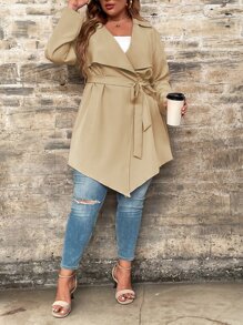 SHEIN LUNE Abrigo de cuello cascada con cinturón - Caqui - Ver 3