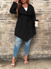 SHEIN LUNE Plus Waterfall Collar Belted Coat - Black - View 4
