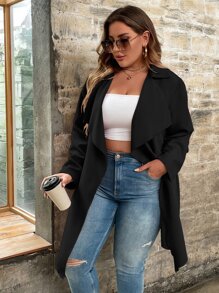 SHEIN LUNE Plus Waterfall Collar Belted Coat - Black - View 5