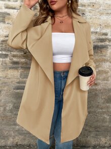 SHEIN LUNE Abrigo de cuello cascada con cinturón - Caqui - Ver 4