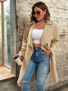 SHEIN LUNE Abrigo de cuello cascada con cinturón - Caqui - Ver 5