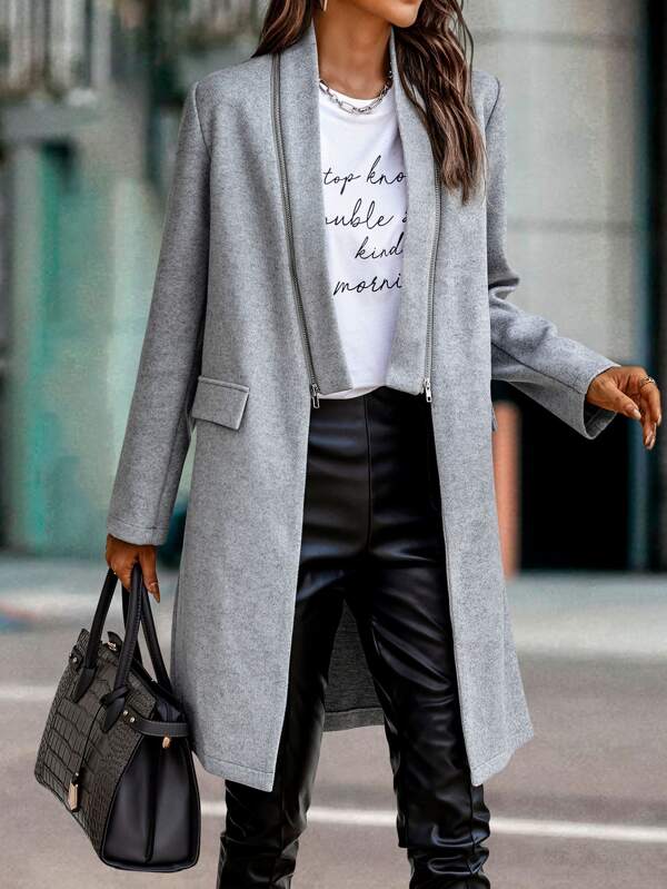Flap Detail Zipper Front Overcoat SHEIN USA