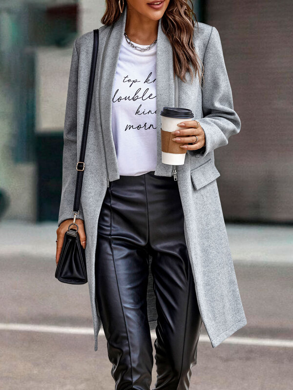 Flap Detail Zipper Front Overcoat SHEIN USA