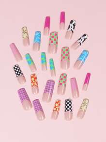 24pcs Plaid Pattern Fake Nail & 1pc Nail File & 1sheet Nail Tape - Multicolor - View 5