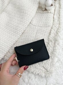 Lychee Embossed Flap Coin Purse Lightweight Fashion Money For Anniversary For Birthday Gift For White-Collar Workers For Male For Female - Black - View 3