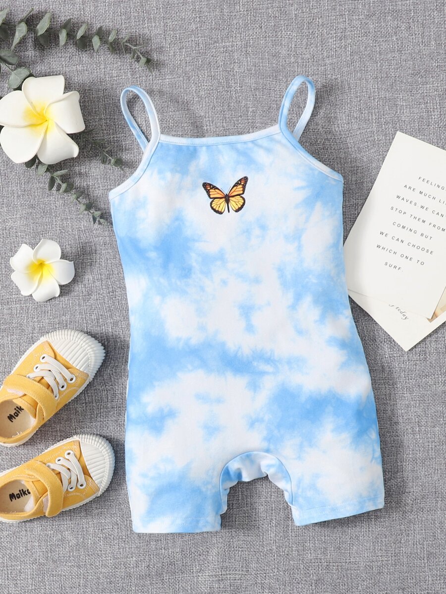 SHEIN Baby Girl Butterfly Print Tie Dye Cami Romper - Blue and White - View 1