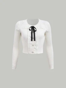 SHEIN MOD Contrast Guipure Lace Bow Front Cardigan - White - View 1