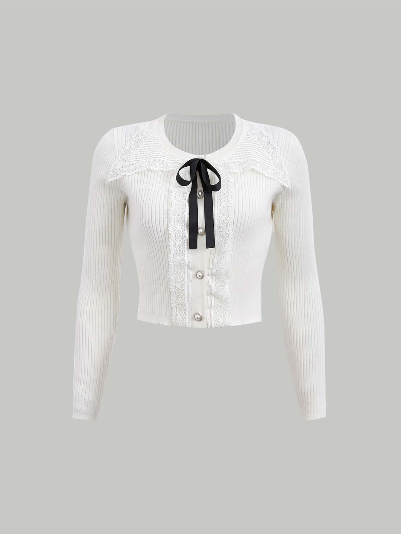 SHEIN MOD Contrast Guipure Lace Bow Front Cardigan - White - View 1