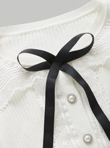 SHEIN MOD Contrast Guipure Lace Bow Front Cardigan - White - View 3