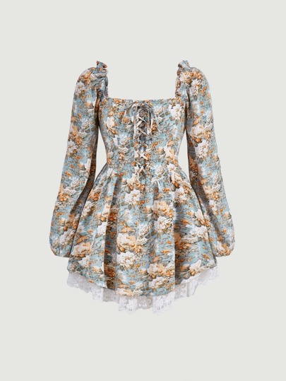 Floral Print Frill Trim Lace Up Front Embroidery Mesh Hem Dress