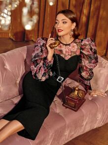 Modelyn 花卉圖案網紗肩部燈籠袖自綁腰帶洋裝