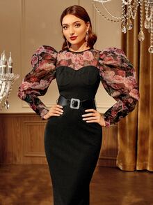 Modelyn 花卉圖案網紗肩部燈籠袖自綁腰帶洋裝