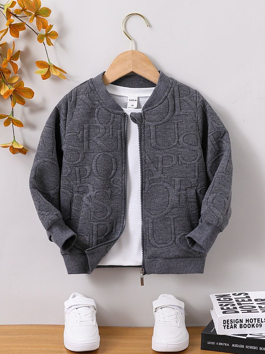 Toddler Boys Letter Pattern Bomber Jacket - Dark Grey - View 1