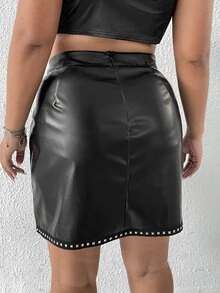Plus Studded Detail Asymmetrical Hem PU Skirt - Black - View 2