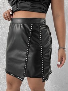 Plus Studded Detail Asymmetrical Hem PU Skirt - Black - View 5