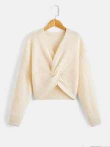 SHEIN Teen Girls Twist Front Drop Shoulder Jumper - Beige - View 1