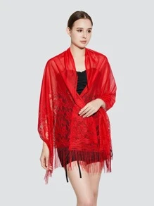 Hollow Out Fringe Trim Scarf - Red - View 1
