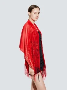 Hollow Out Fringe Trim Scarf - Red - View 2