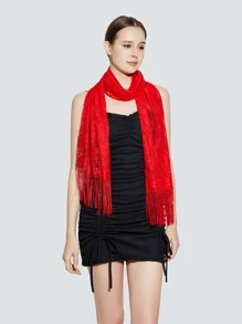 Hollow Out Fringe Trim Scarf - Red - View 6