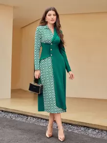 Modelyn Asymmetrical Neck Buttoned Front Foldover Geo Print Dress - Green - View 1