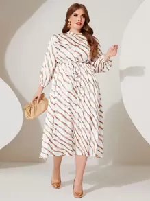 Modelyn Plus Striped Print Lantern Sleeve Belted Dress - Multicolor - View 1