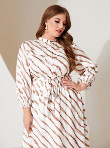 Modelyn Plus Striped Print Lantern Sleeve Belted Dress - Multicolor - View 3