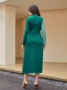 Modelyn Asymmetrical Neck Buttoned Front Foldover Geo Print Dress - Green - View 2