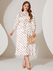 Modelyn Plus Striped Print Lantern Sleeve Belted Dress - Multicolor - View 4