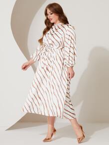 Modelyn Plus Striped Print Lantern Sleeve Belted Dress - Multicolor - View 5