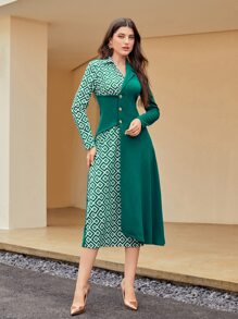 Modelyn Asymmetrical Neck Buttoned Front Foldover Geo Print Dress - Green - View 4