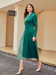Modelyn Asymmetrical Neck Buttoned Front Foldover Geo Print Dress - Green - View 5