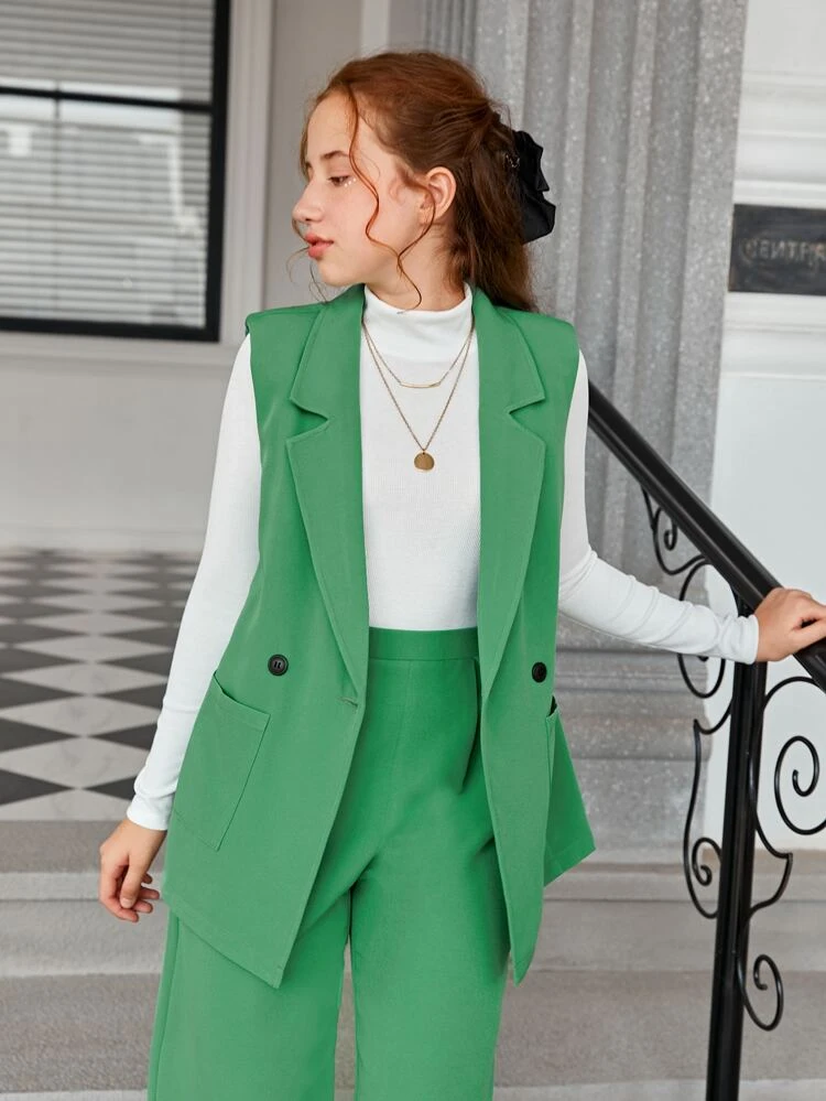 Teen Girls Solid Mock Neck Tee And Vest Blazer & Wide Leg Pants