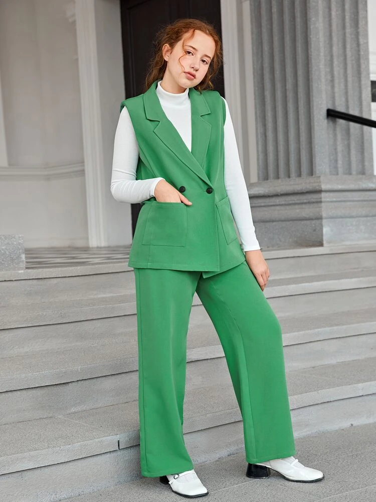 Teen Girls Solid Mock Neck Tee And Vest Blazer & Wide Leg Pants