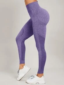 Yoga Basic 緊縮褶皺臀部寬腰帶運動打底褲 - 紫色 - 查看 2