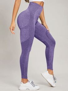 Yoga Basic 緊縮褶皺臀部寬腰帶運動打底褲 - 紫色 - 查看 3